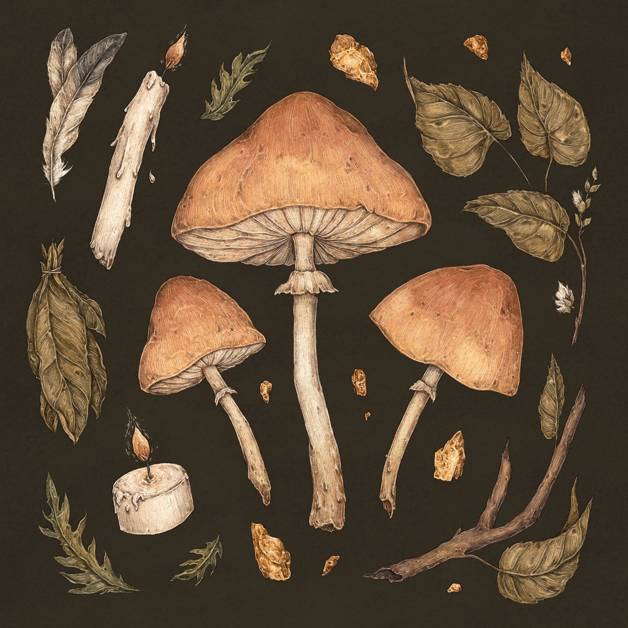 mushroom art with candles, branches, and leaves by Jessica Roux