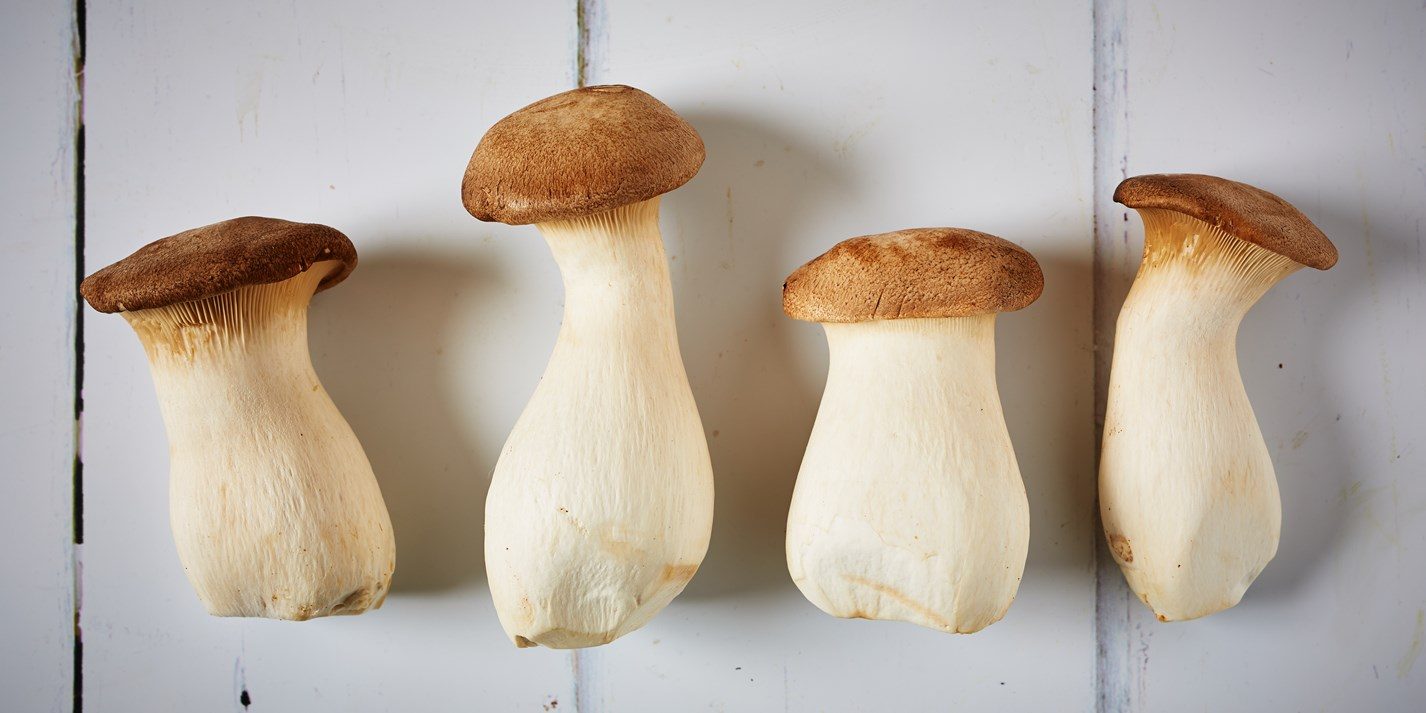 king oyster mushrooms on a white painted wood background