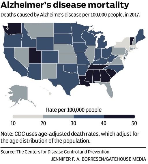 alzheimer's disease mortality map of US deaths per 100,000 in 2017